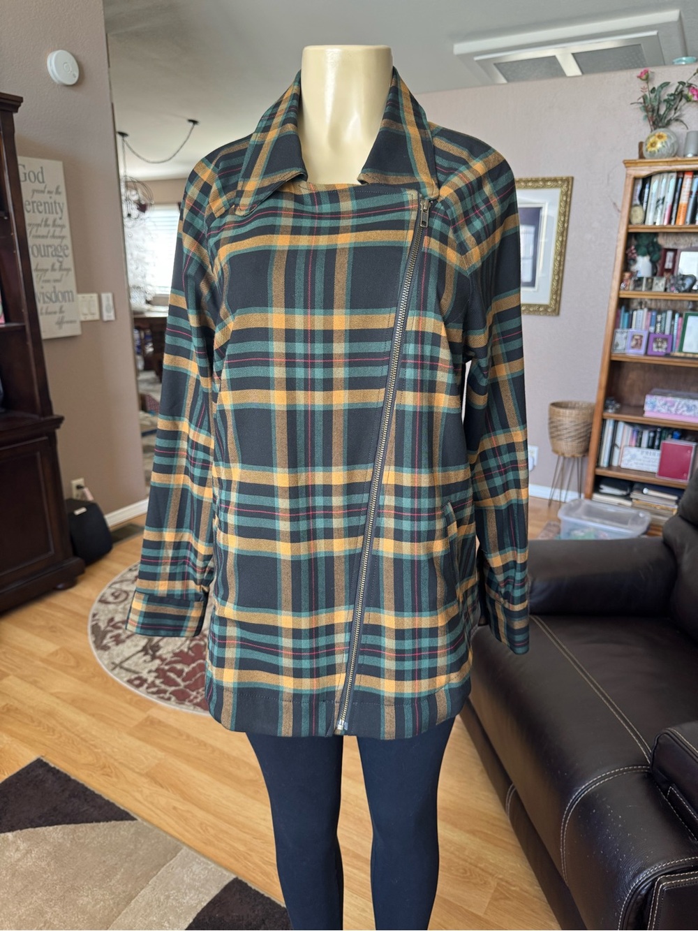 CAbi Plaid Jean Jacket in Green, Yellow, Black & Tan - Picture 6 of 11